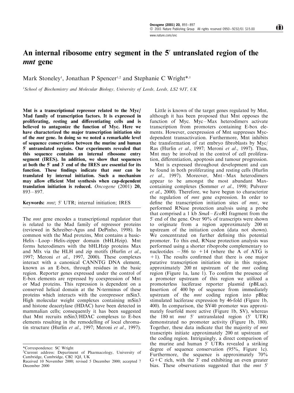 An Internal Ribosome Entry Segment in the 5' Untranslated Region of the Mnt Gene