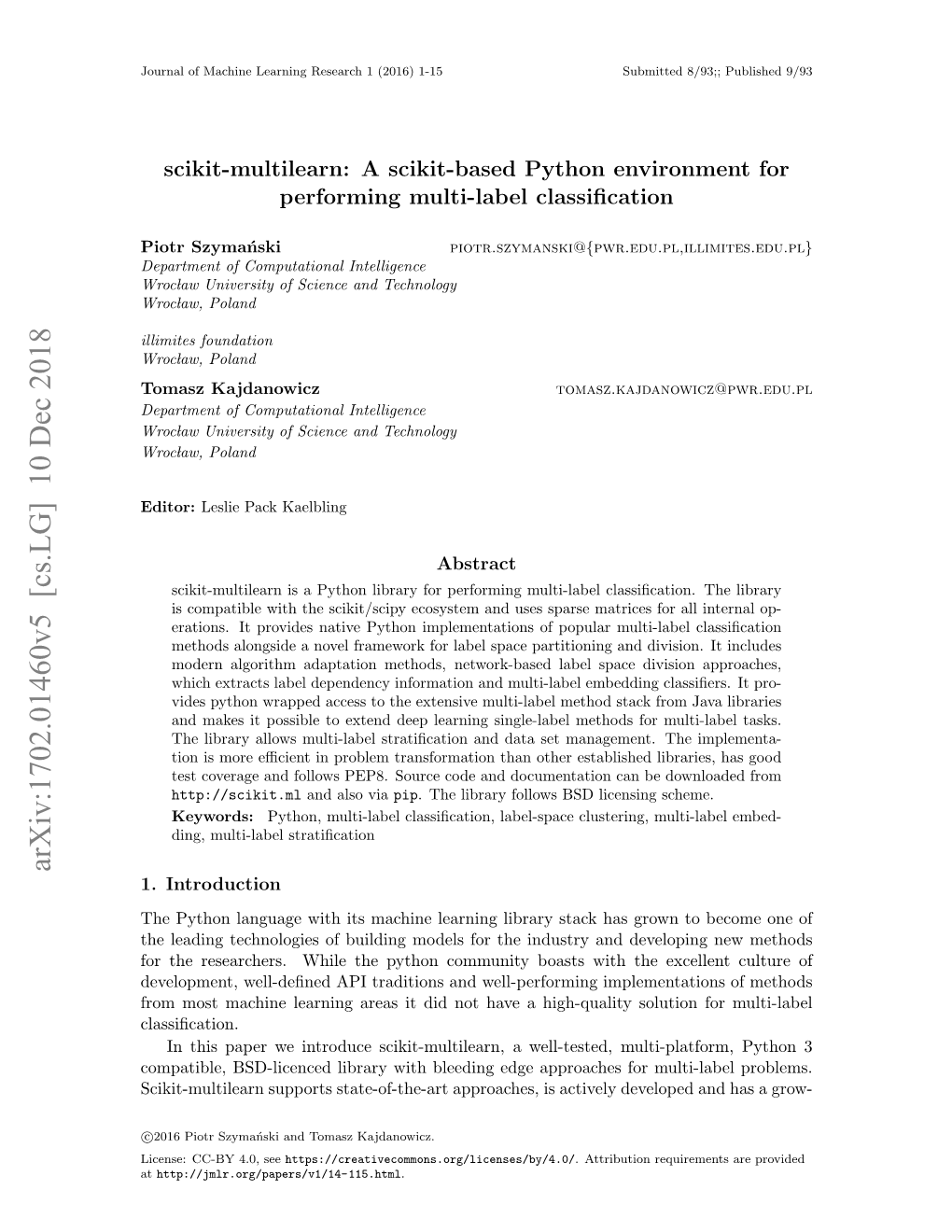 Arxiv:1702.01460V5 [Cs.LG] 10 Dec 2018 1