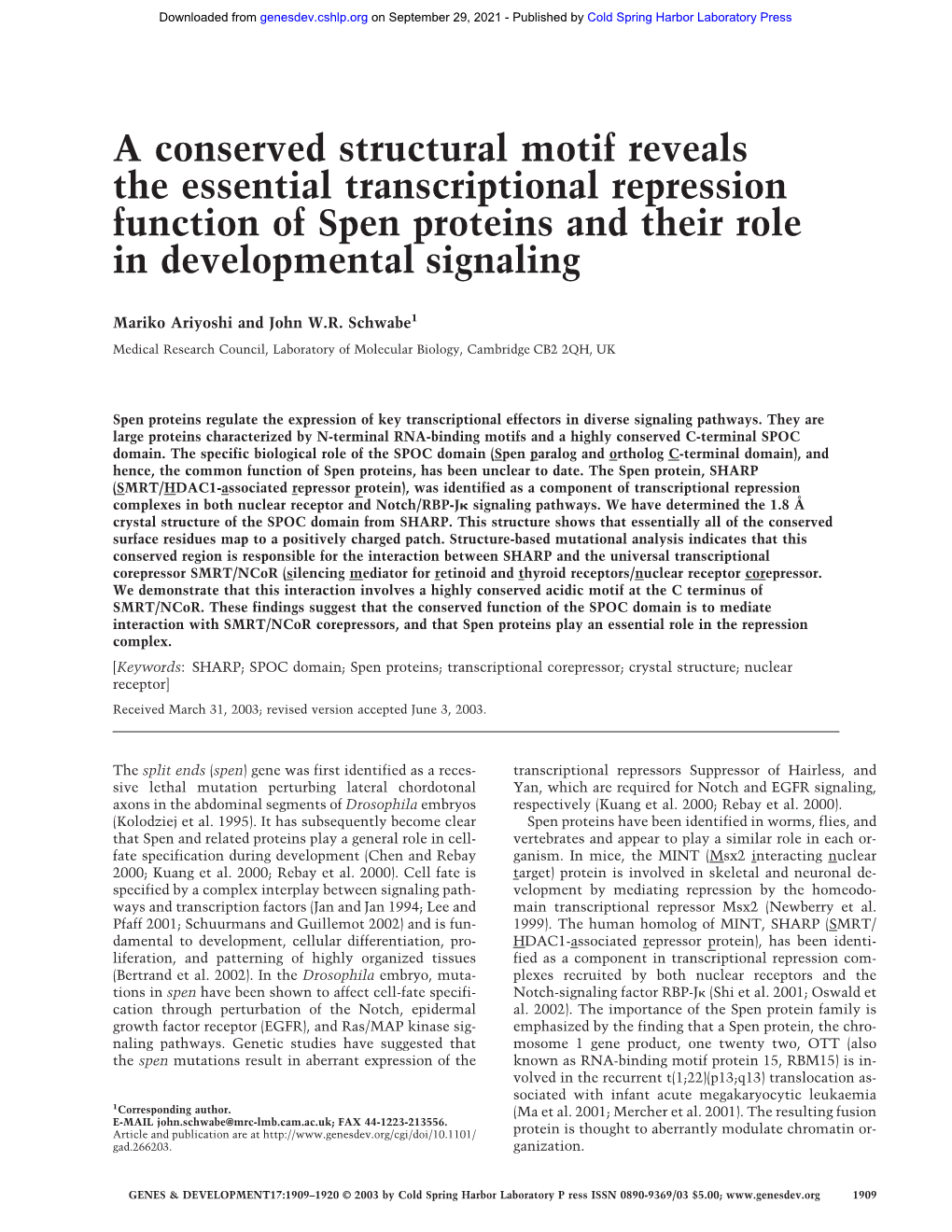 A Conserved Structural Motif Reveals the Essential Transcriptional Repression Function of Spen Proteins and Their Role in Developmental Signaling