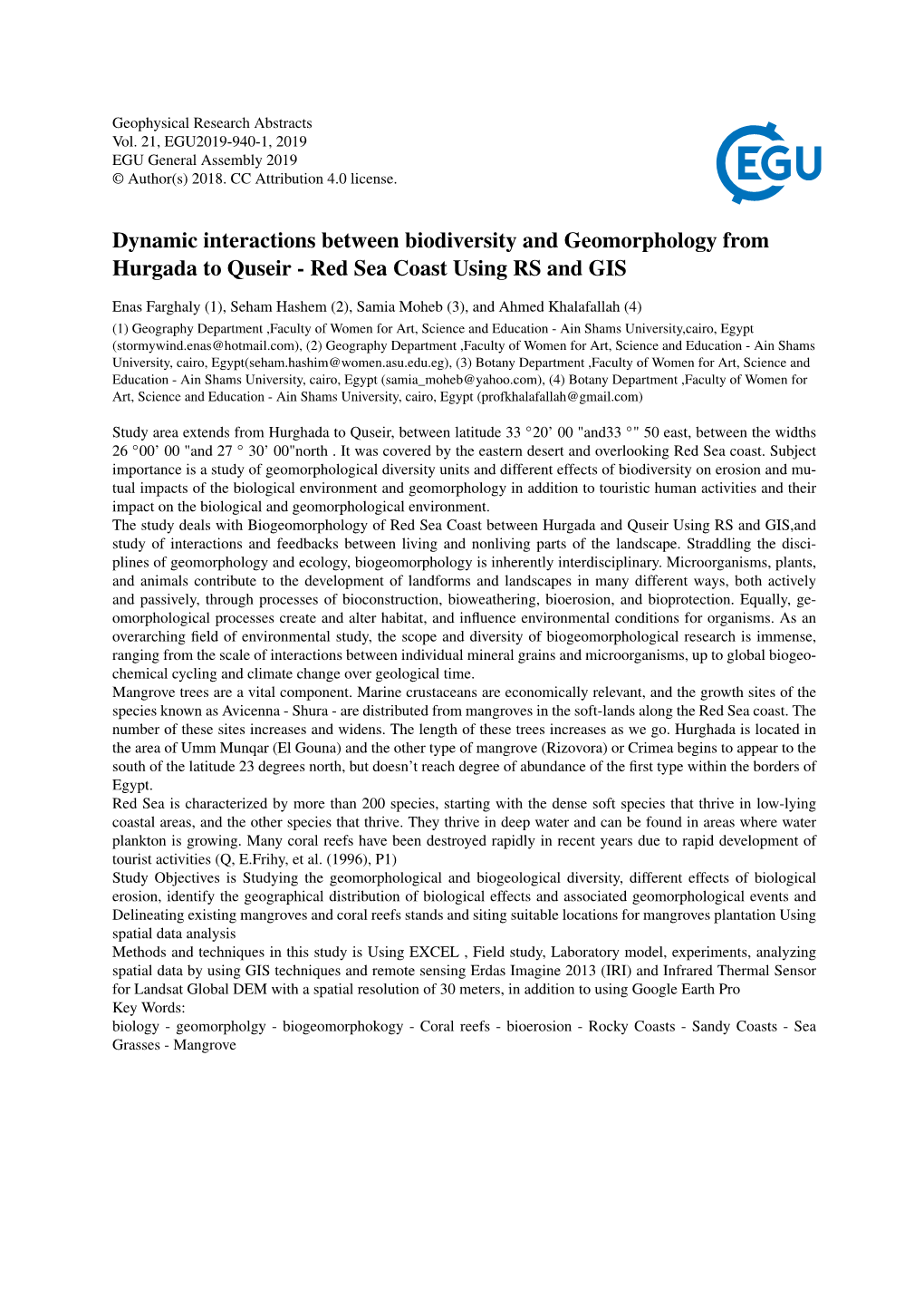 Dynamic Interactions Between Biodiversity and Geomorphology from Hurgada to Quseir - Red Sea Coast Using RS and GIS