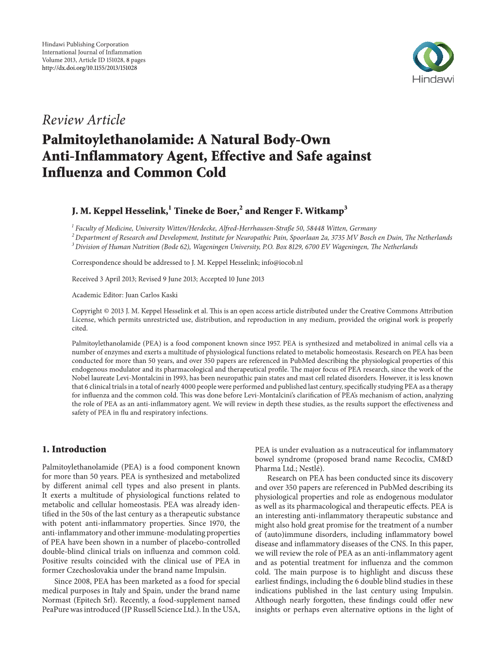 Review Article Palmitoylethanolamide: a Natural Body-Own Anti-Inflammatory Agent, Effective and Safe Against Influenza and Common Cold