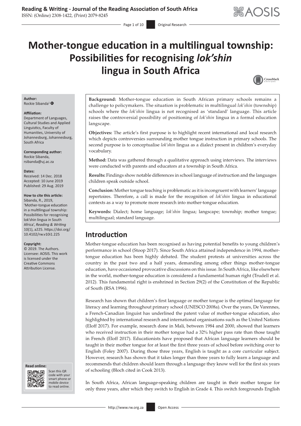 Mother-Tongue Education in a Multilingual Township: Possibilities for Recognising Lok'shin Lingua in South Africa