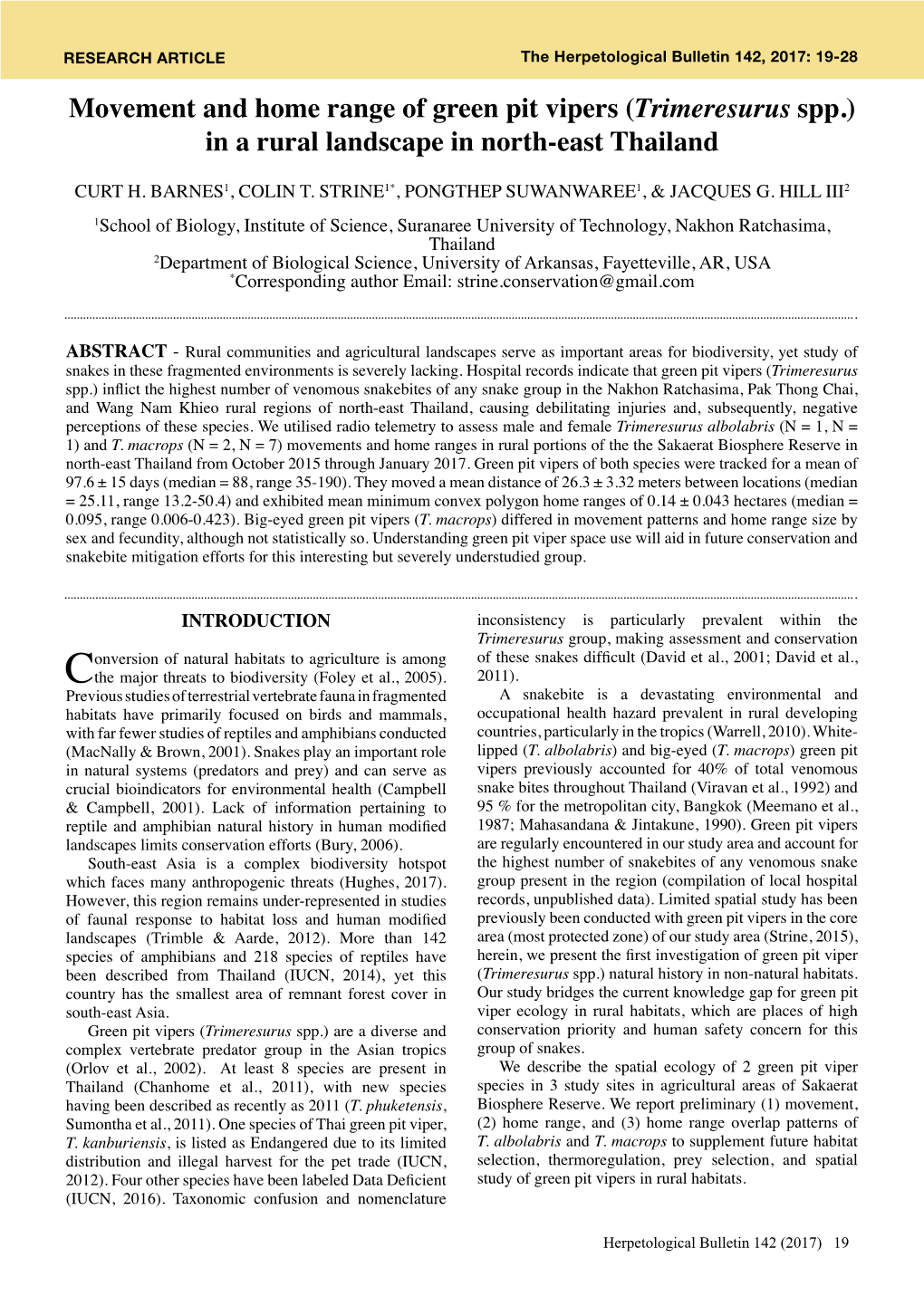 Movement and Home Range of Green Pit Vipers (Trimeresurus Spp.) in a Rural Landscape in North-East Thailand