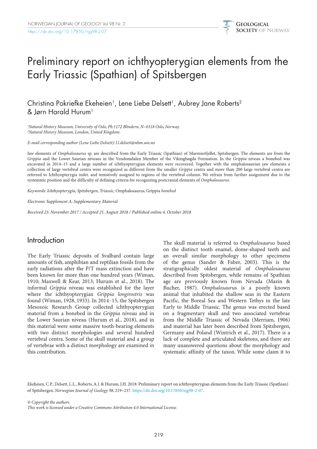 Preliminary Report on Ichthyopterygian Elements from the Early Triassic (Spathian) of Spitsbergen