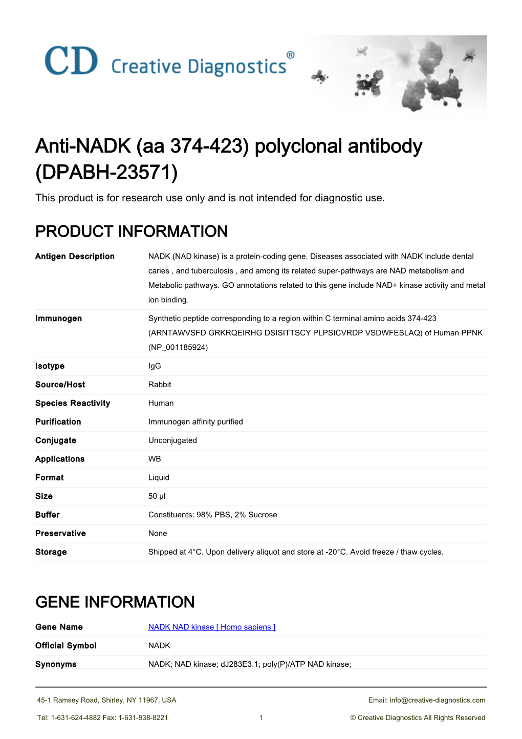 Anti-NADK (Aa 374-423) Polyclonal Antibody (DPABH-23571) This Product Is for Research Use Only and Is Not Intended for Diagnostic Use