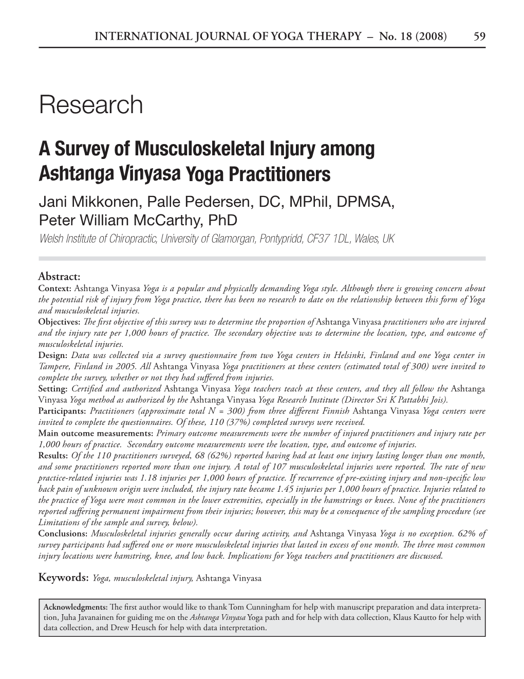 A Survey of Musculoskeletal Injury Among Ashtanga Vinyasa Yoga Practitioners