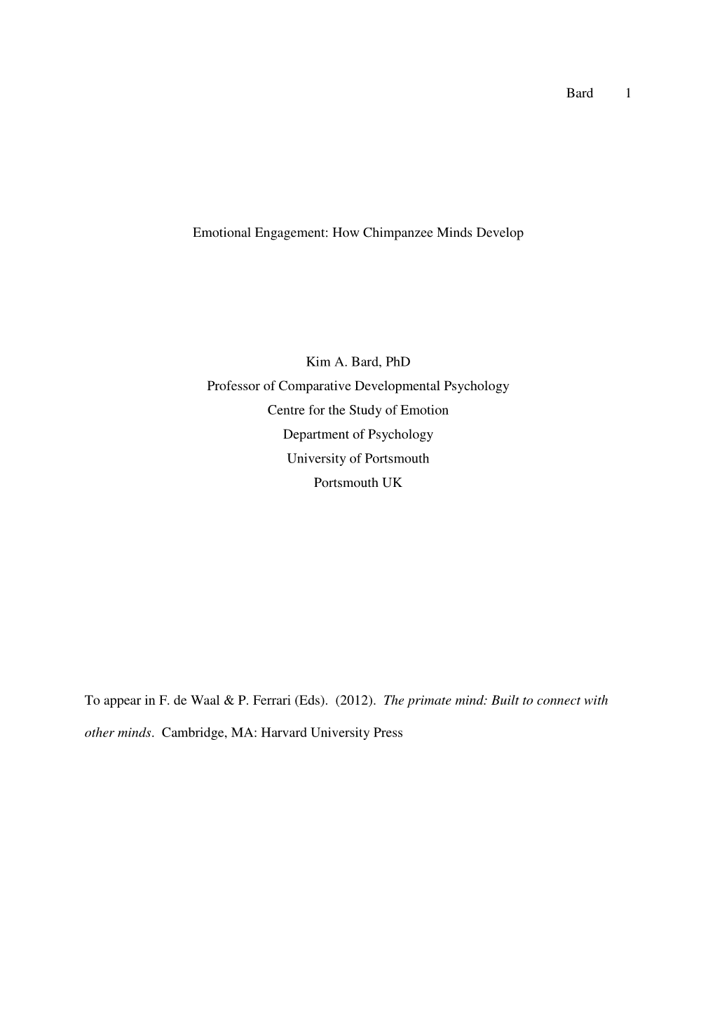 Bard 1 Emotional Engagement: How Chimpanzee Minds Develop Kim A