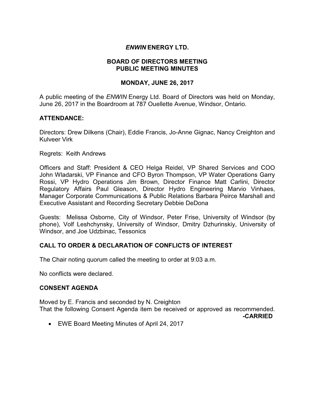 Enwin Energy Board Meeting Minutes June 26, 2017