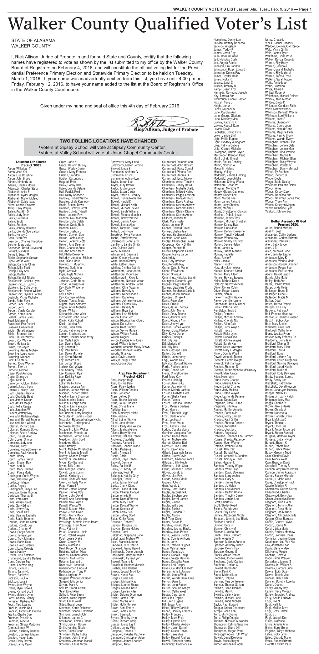 Walker County Qualified Voter's List