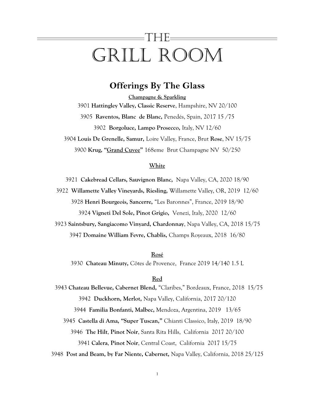 Grill Room Offerings by the Glass