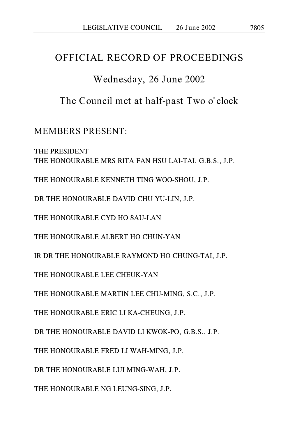 OFFICIAL RECORD of PROCEEDINGS Wednesday, 26