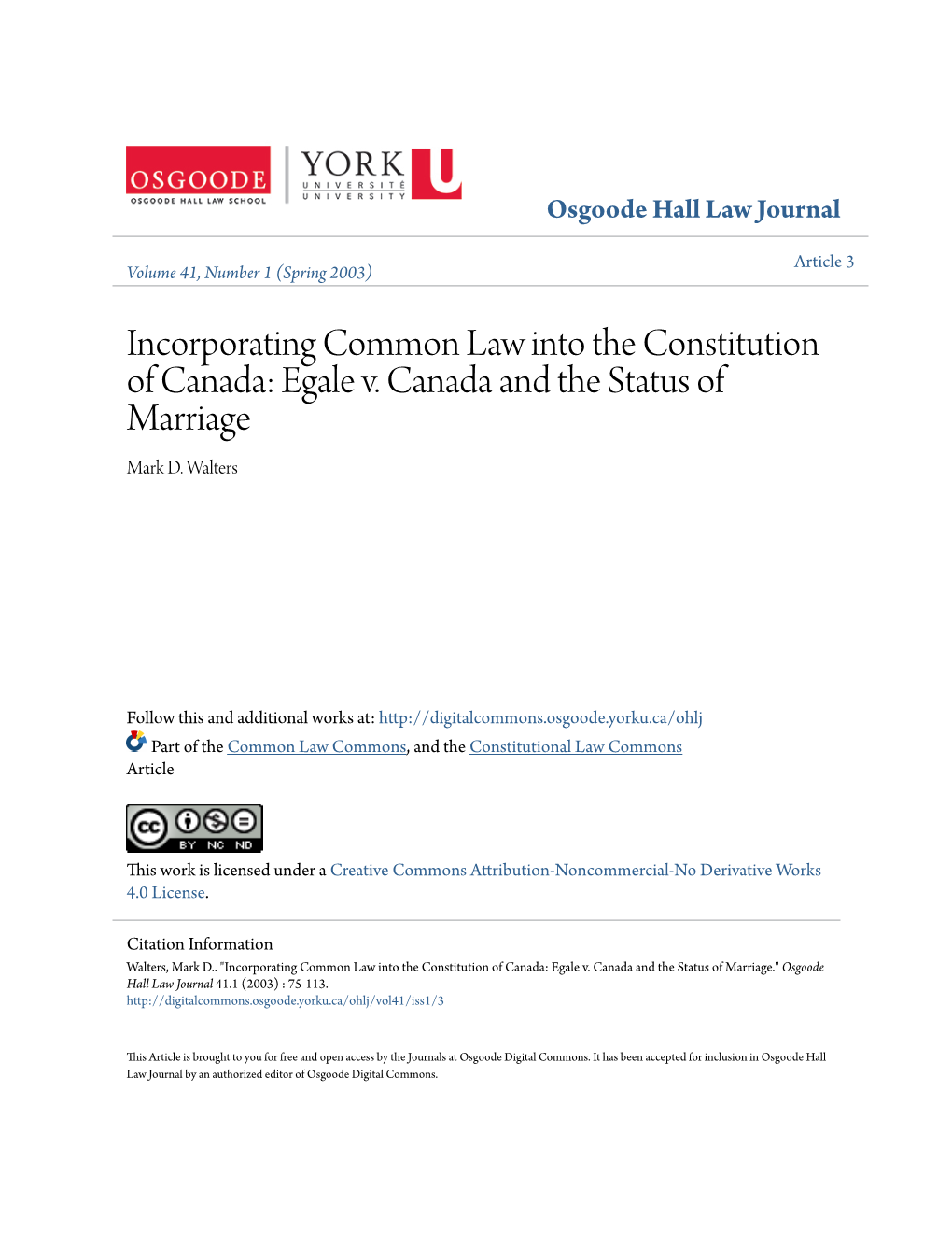 Incorporating Common Law Into the Constitution of Canada: Egale V