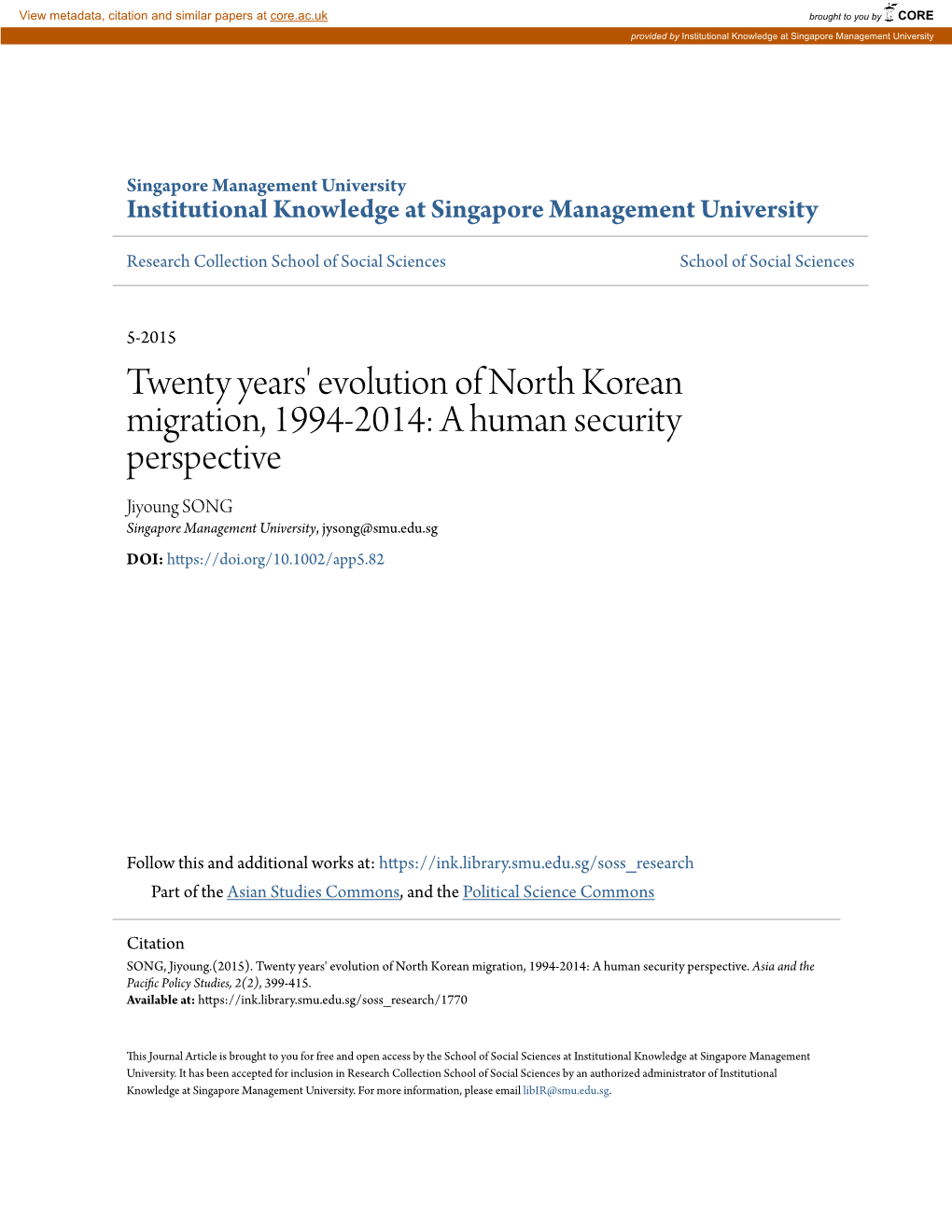 Twenty Years' Evolution of North Korean Migration, 1994-2014: a Human Security Perspective