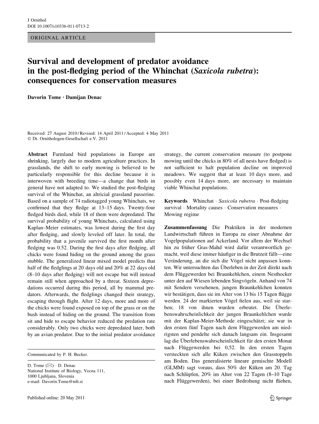 Survival and Development of Predator Avoidance in the Post-Fledging Period of the Whinchat (Saxicola Rubetra): Consequences