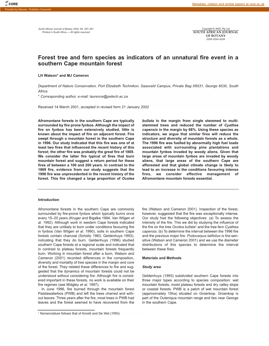 Forest Tree and Fern Species As Indicators of an Unnatural Fire Event in a Southern Cape Mountain Forest