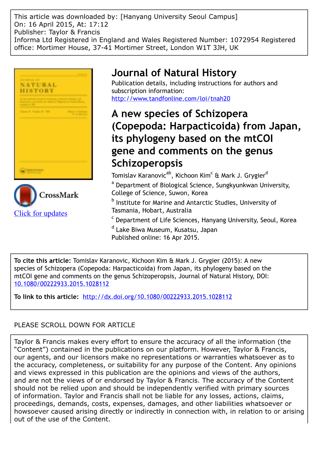 A New Species of Schizopera (Copepoda: Harpacticoida) From