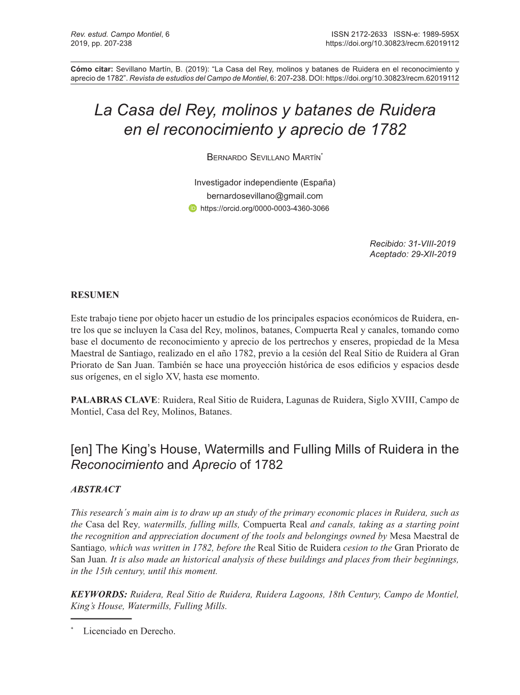 La Casa Del Rey, Molinos Y Batanes De Ruidera En El Reconocimiento Y Aprecio De 1782”