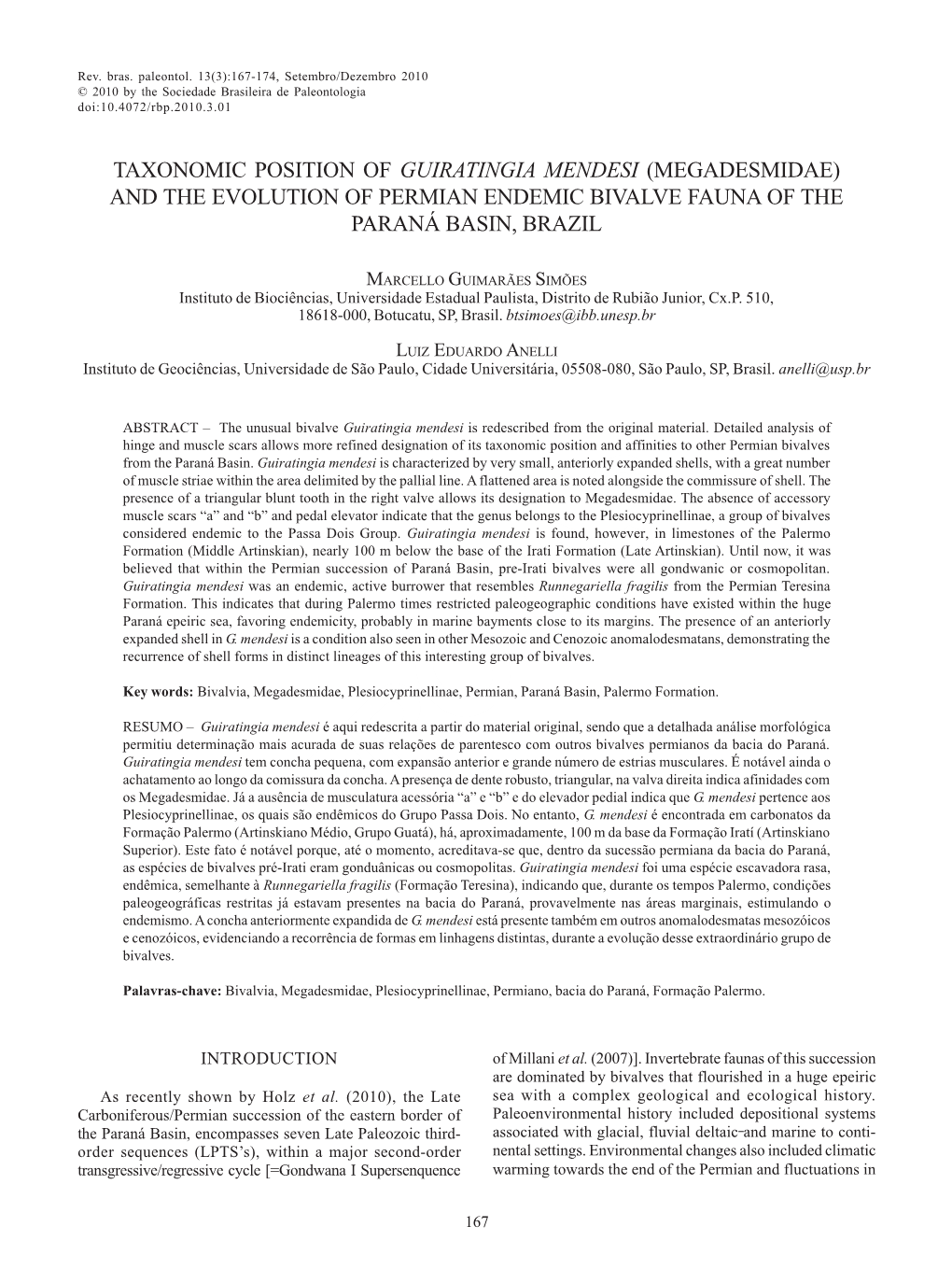 Taxonomic Position of Guiratingia Mendesi (Megadesmidae) and the Evolution of Permian Endemic Bivalve Fauna of the Paraná Basin, Brazil