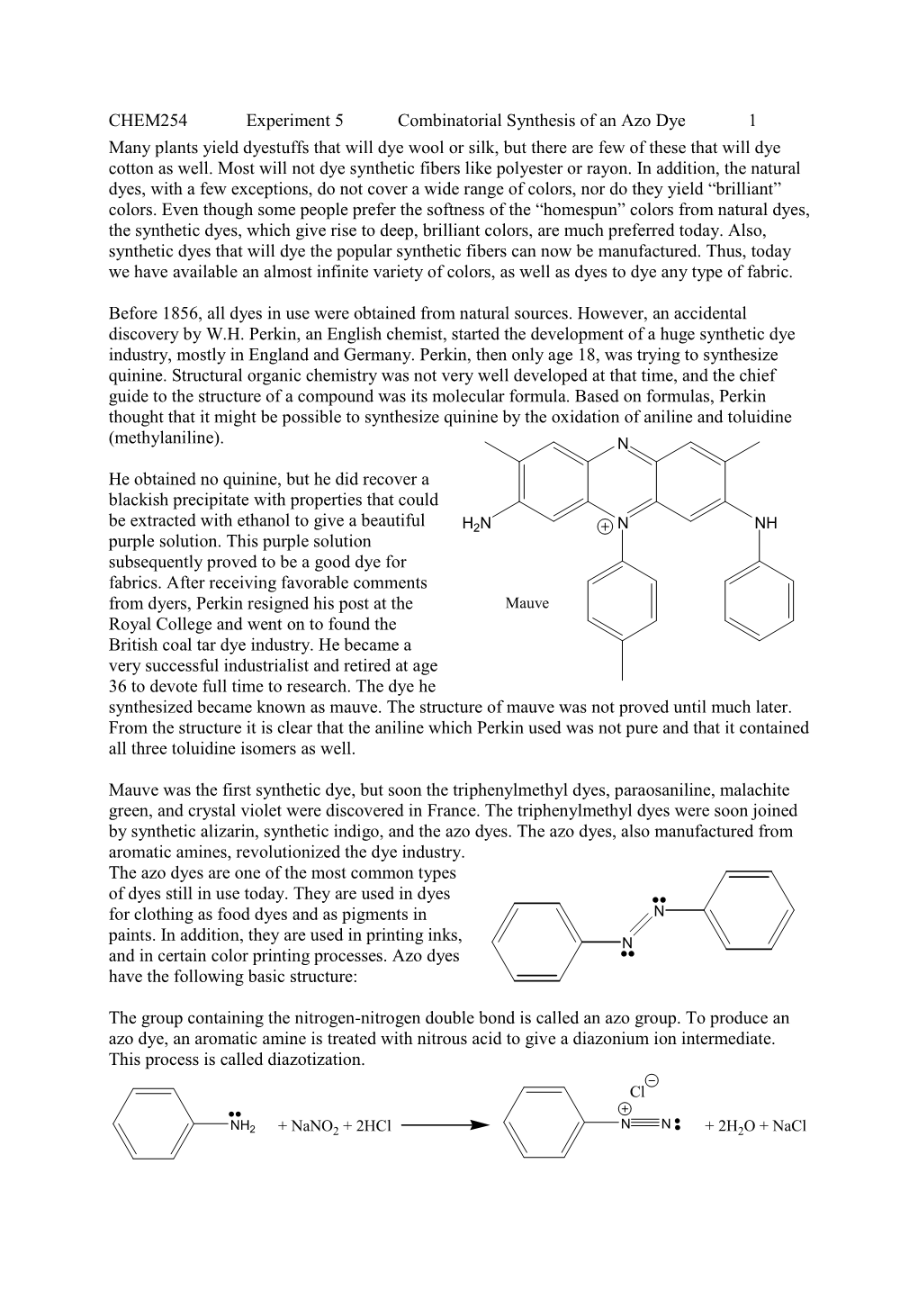 CHEM254 Experiment 5 Combinatorial Synthesis of an Azo