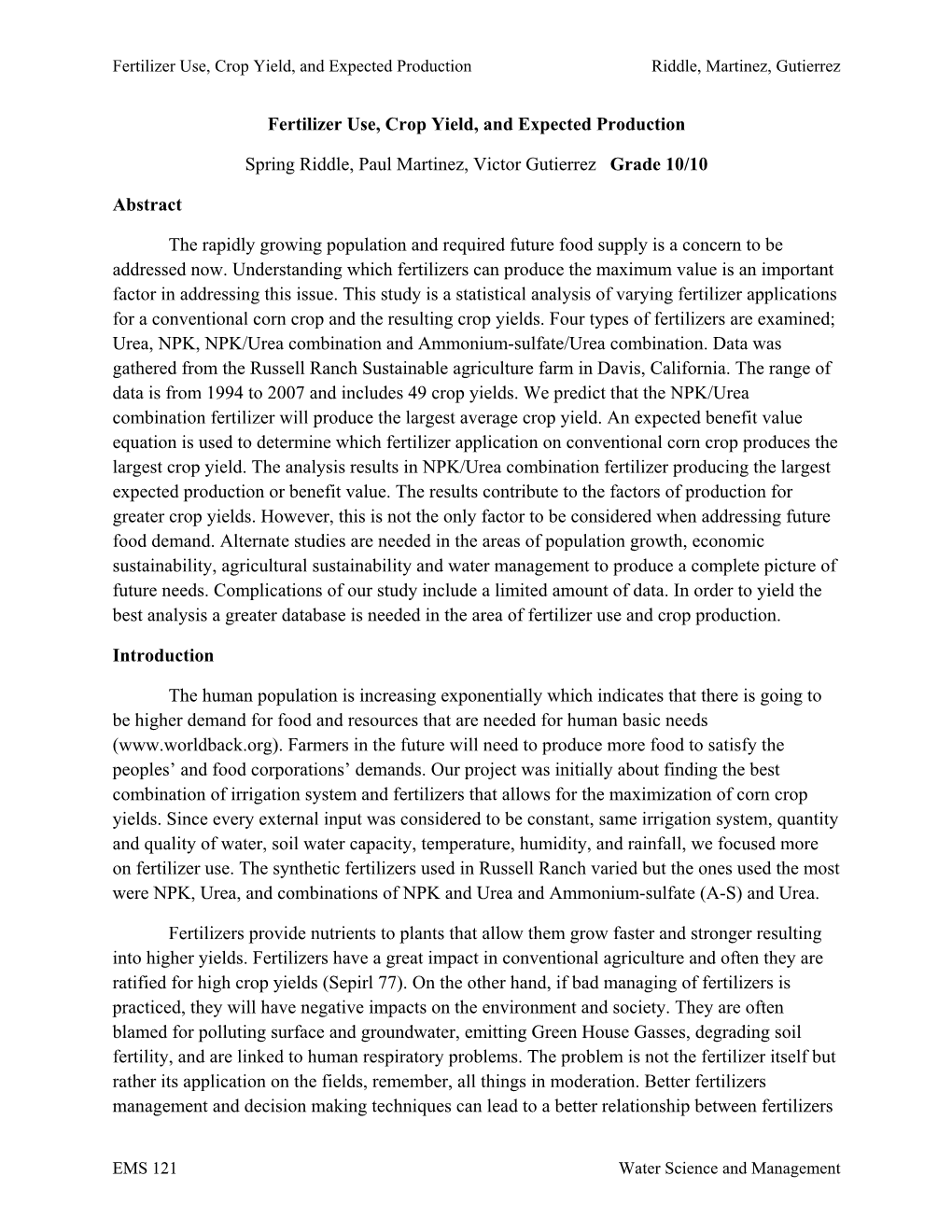 Fertilizer Use, Crop Yield, and Expected Production Riddle, Martinez, Gutierrez