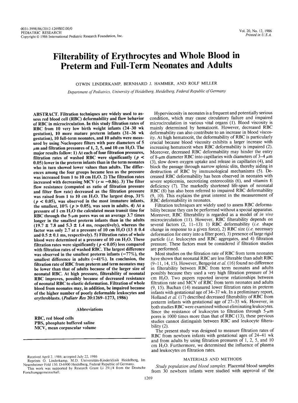 Filterability of Erythrocytes and Whole Blood in Preterm and Full-Term Neonates and Adults