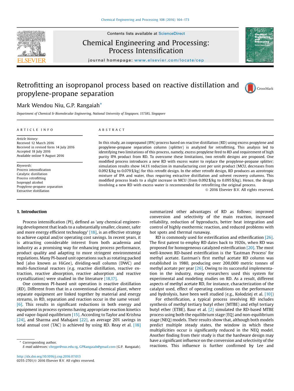 Retrofitting an Isopropanol Process Based on Reactive Distillation and Propylene-Propane Separation