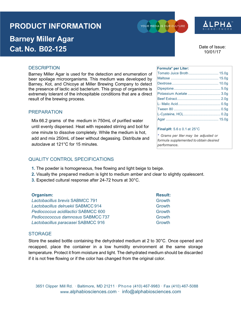 PRODUCT INFORMATION Barney Miller Agar Cat. No. B02-125