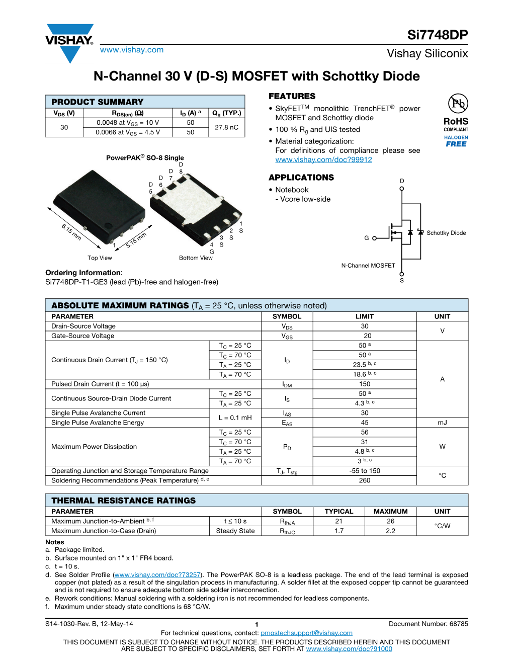 Si7748dp N-Channel 30 V (D-S) MOSFET with Schottky Diode