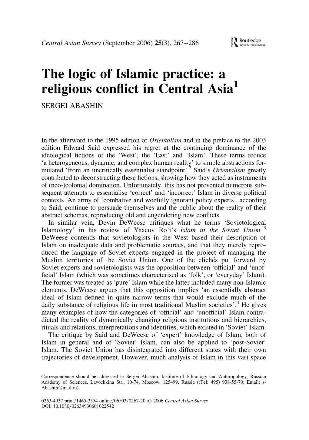 The Logic of Islamic Practice: a Religious Conflict in Central Asia
