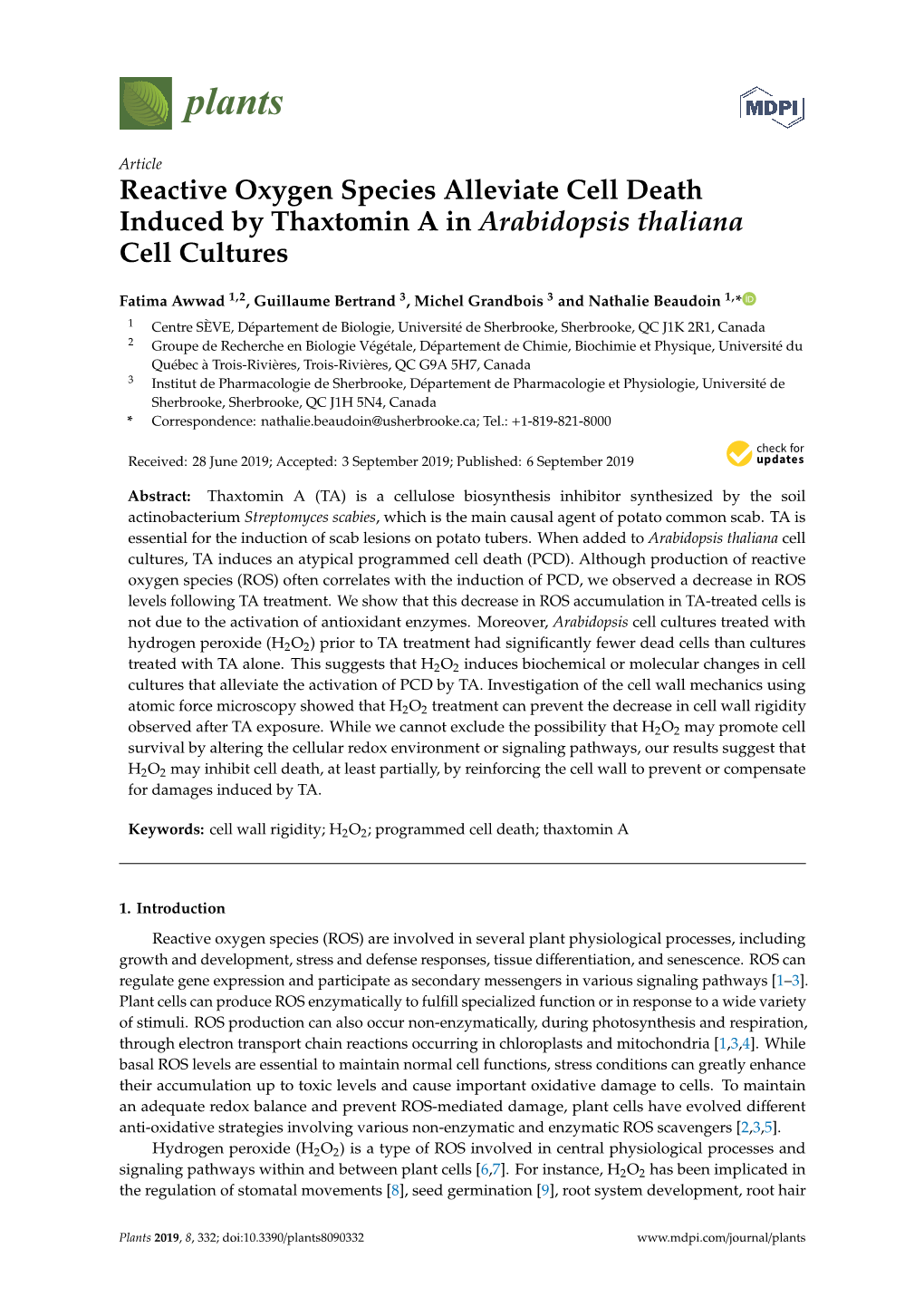Reactive Oxygen Species Alleviate Cell Death Induced by Thaxtomin a in Arabidopsis Thaliana Cell Cultures