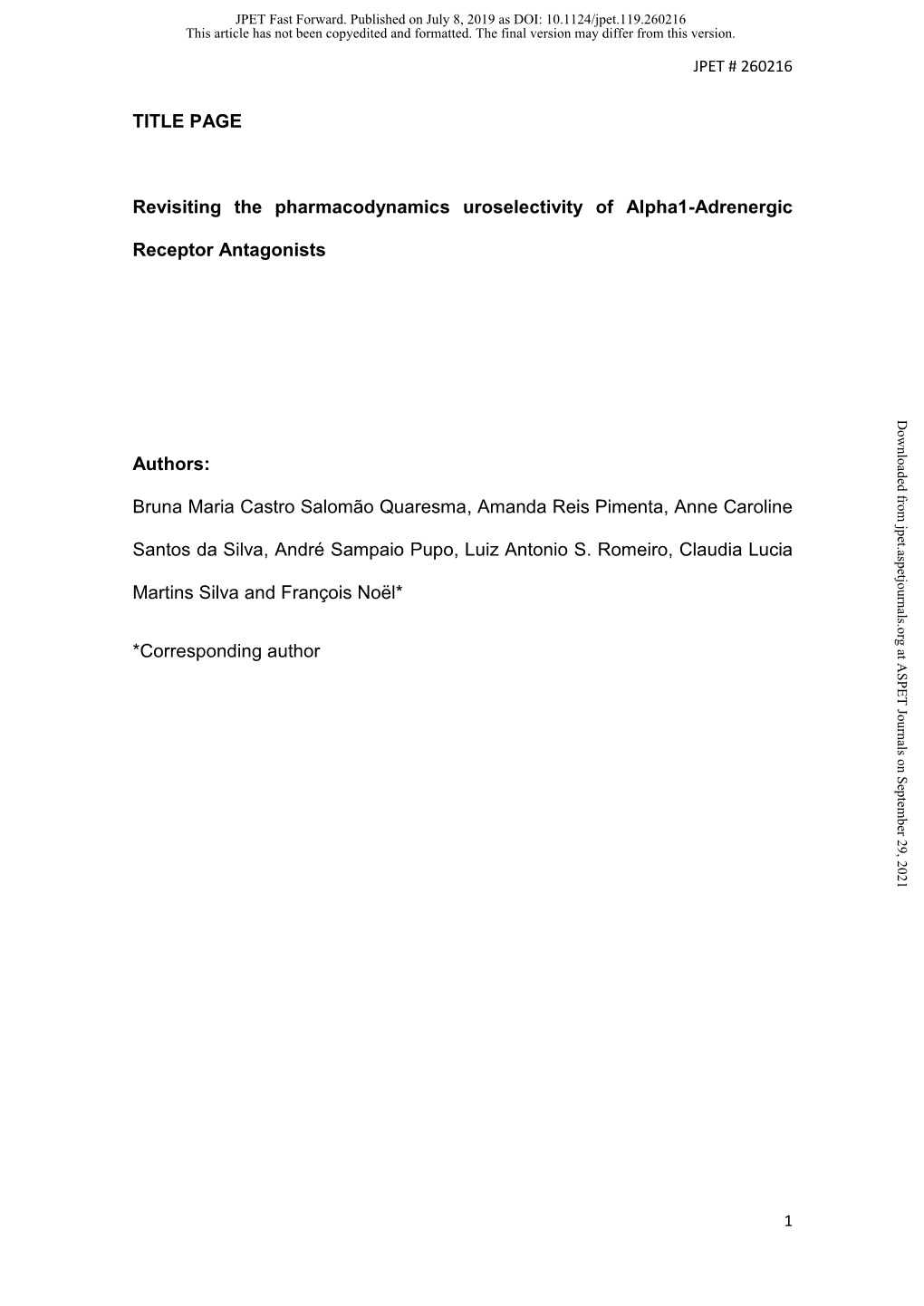 Revisiting the Pharmacodynamics Uroselectivity of Alpha1-Adrenergic