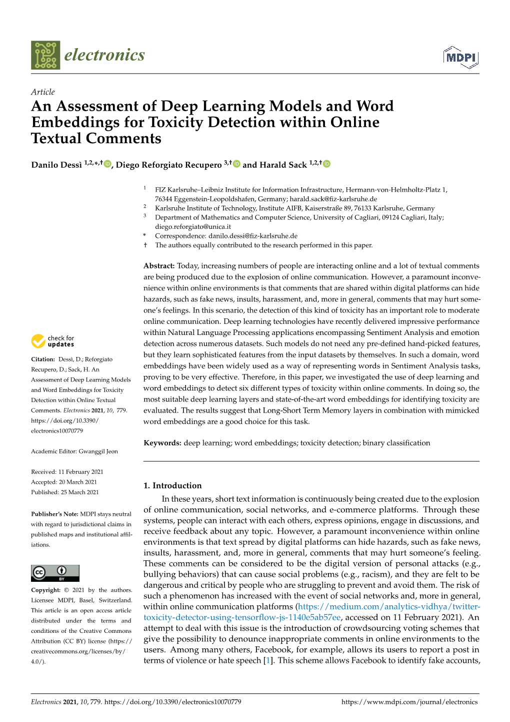 An Assessment of Deep Learning Models and Word Embeddings for Toxicity Detection Within Online Textual Comments