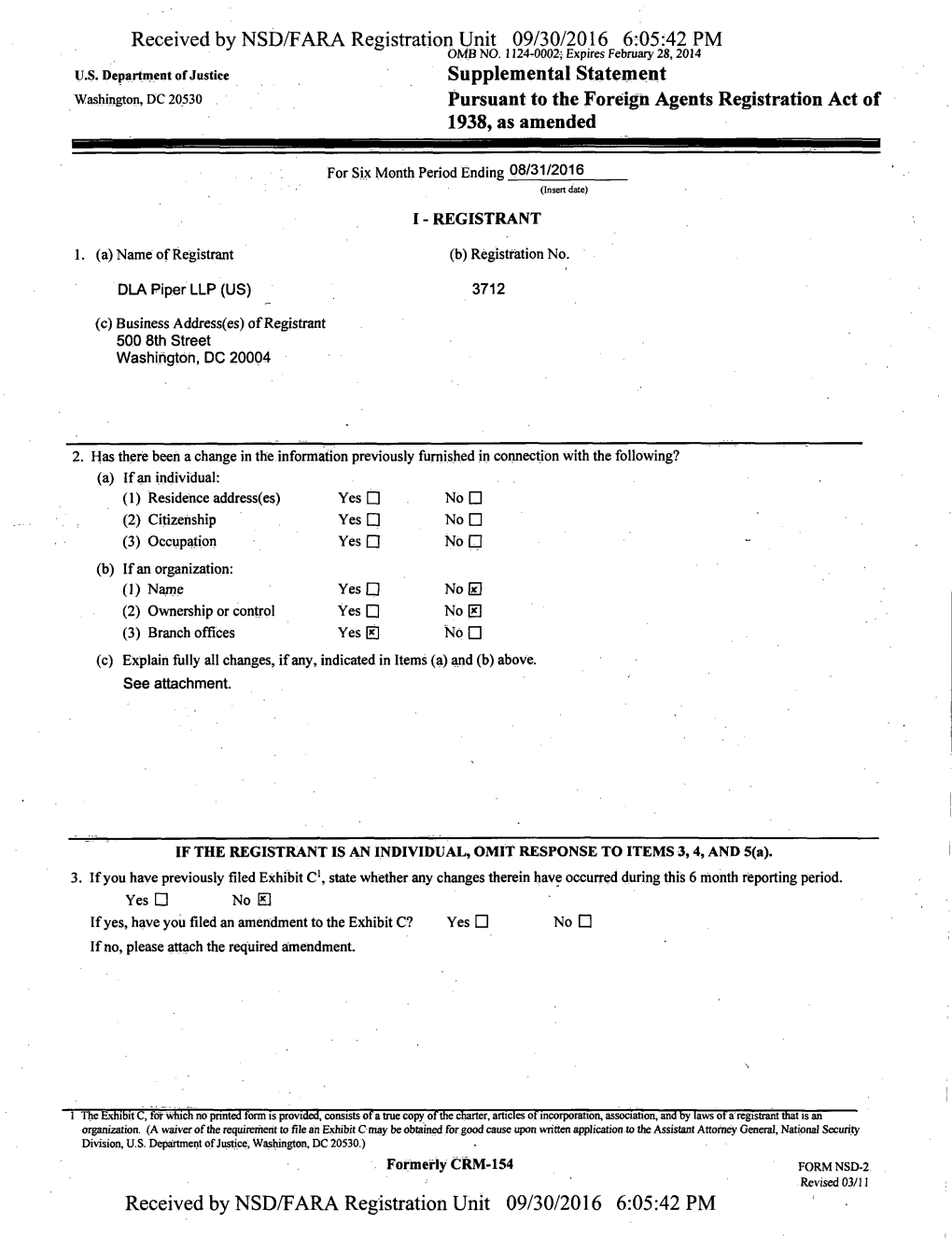 Supplemental Statement Washington, DC 20530 Pursuantto the Foreign Agents Registration Act of 1938, As Amended