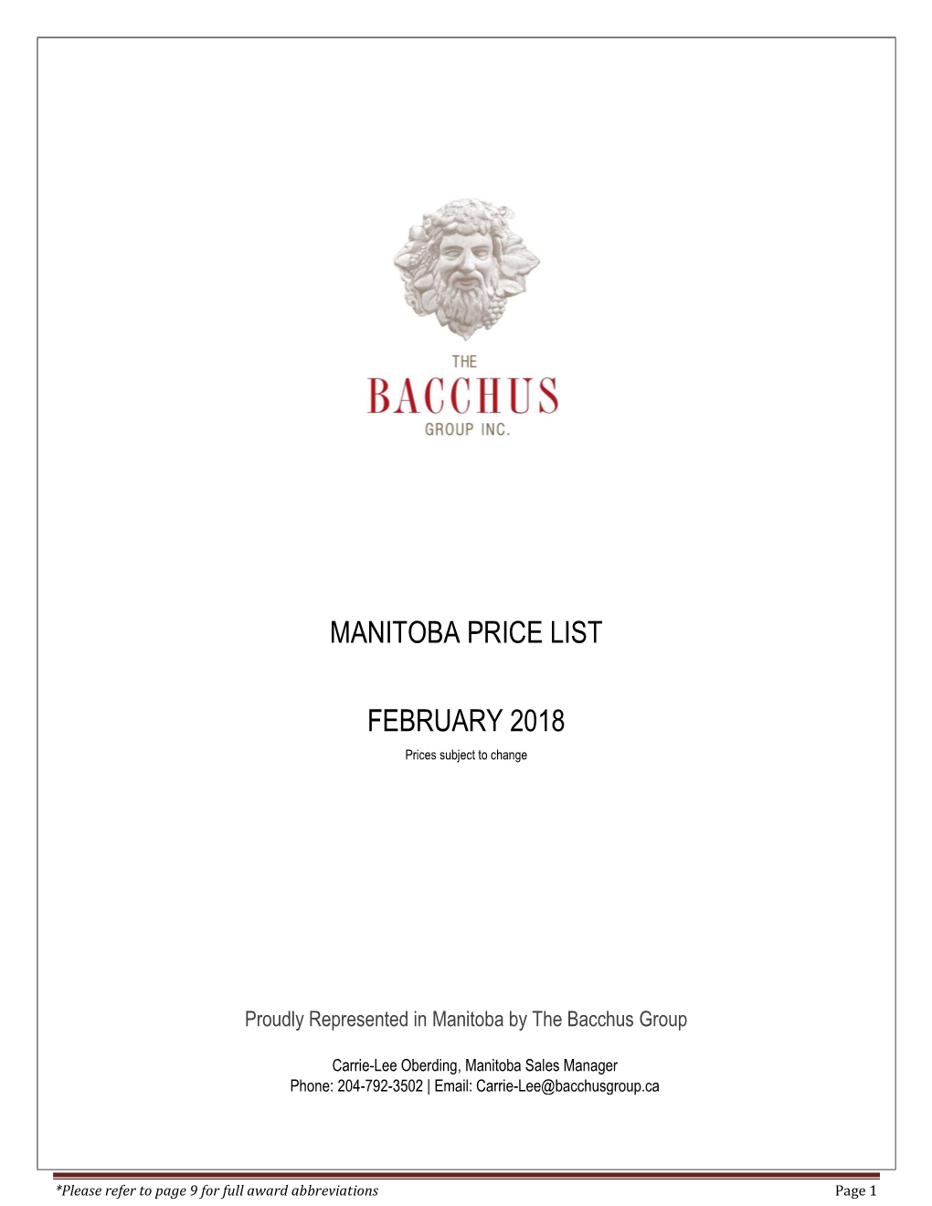 Manitoba Price List February 2018