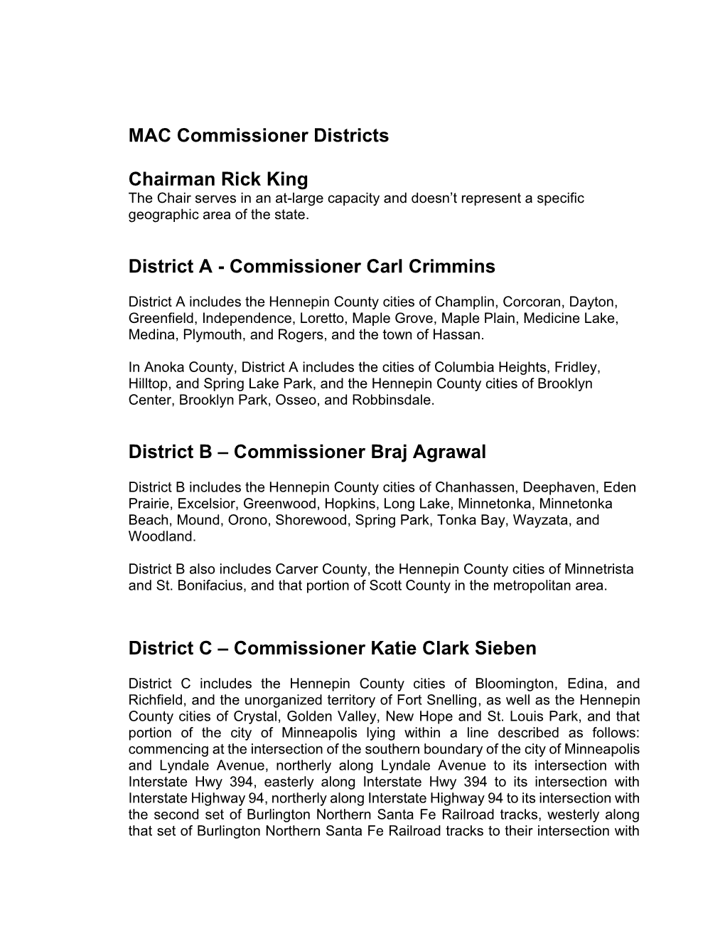 MAC Commissioner Districts Chairman Rick King District A