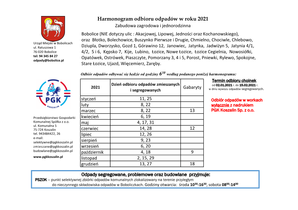 Harmonogram Odbioru Odpadów W Roku 2021