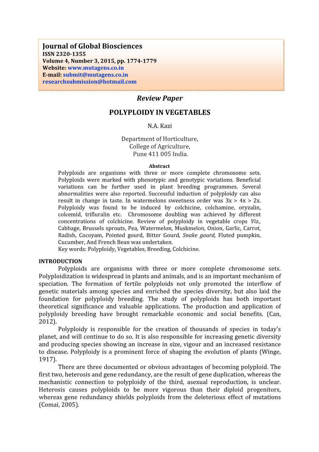 Review Paper POLYPLOIDY in VEGETABLES Journal of Global