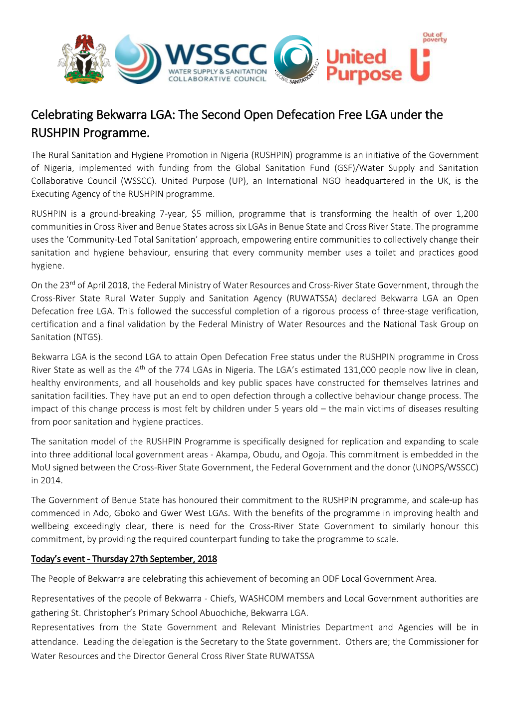 Celebrating Bekwarra LGA: the Second Open Defecation Free LGA Under the RUSHPIN Programme