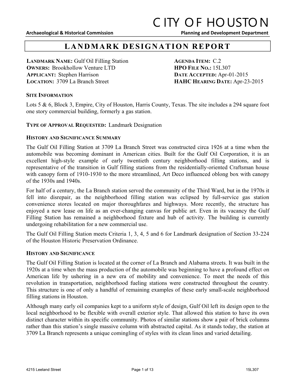 Landmark Designation Report