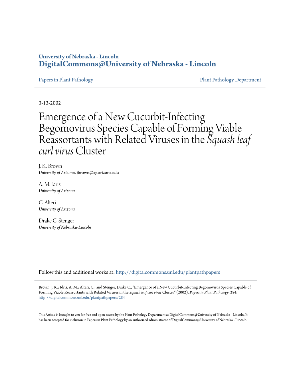 Emergence of a New Cucurbit-Infecting Begomovirus Species Capable of Forming Viable Reassortants with Related Viruses in the Squash Leaf Curl Virus Cluster J