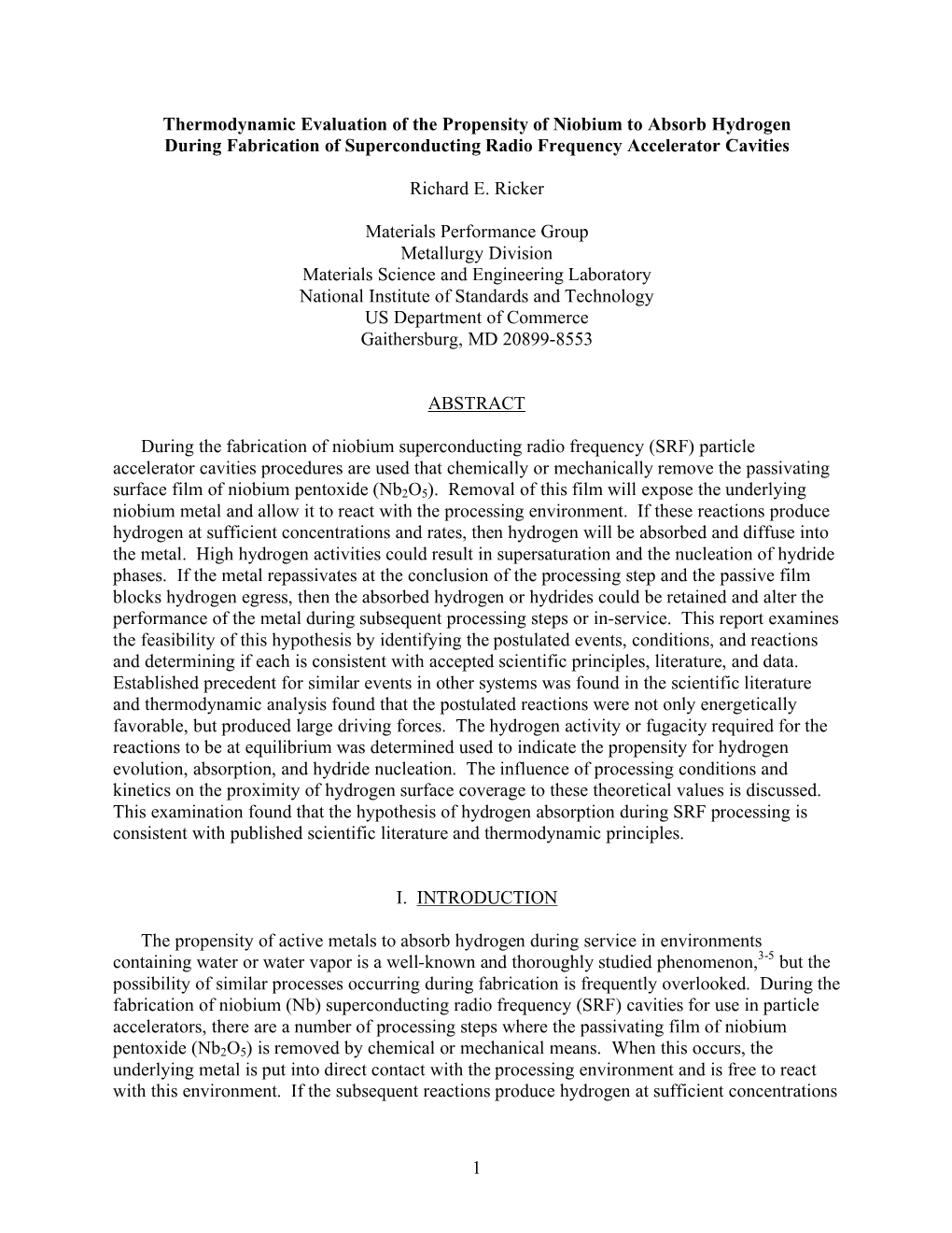 1 Thermodynamic Evaluation of the Propensity of Niobium to Absorb