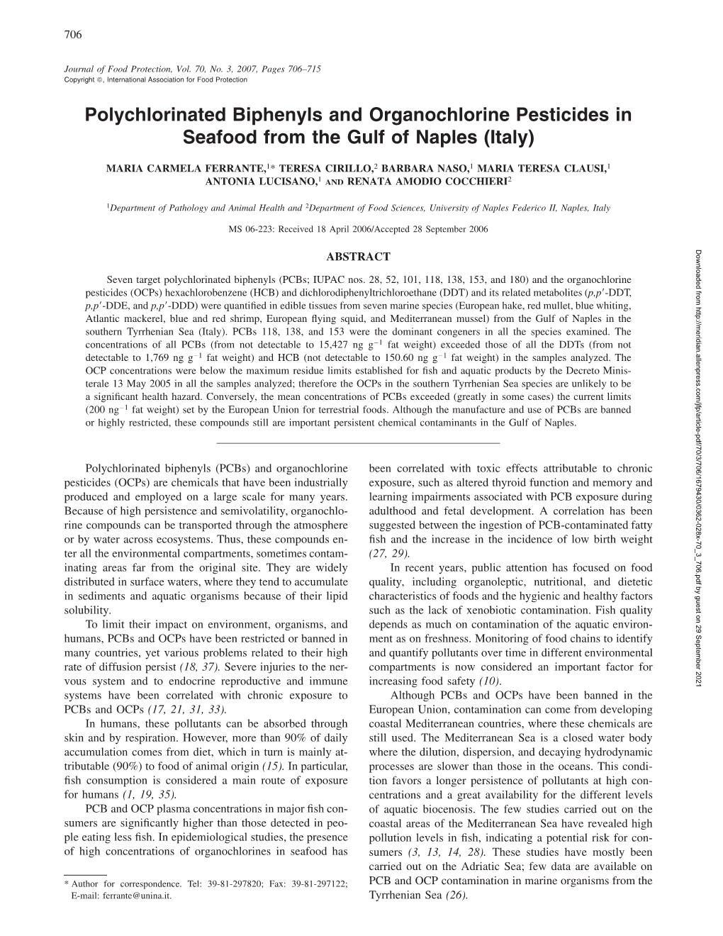 Polychlorinated Biphenyls and Organochlorine Pesticides in Seafood from the Gulf of Naples (Italy)