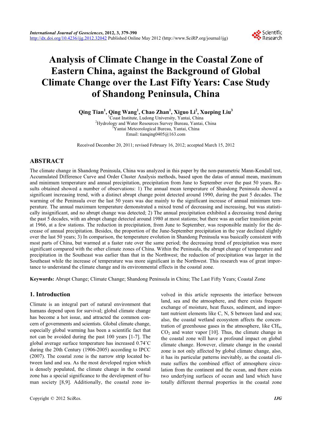 Analysis of Climate Change in the Coastal Zone of Eastern China