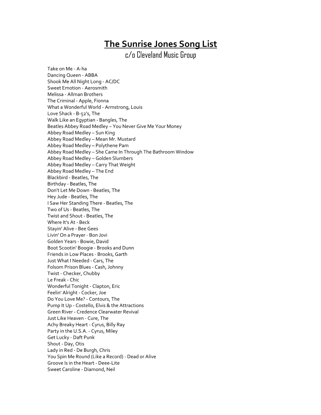 The Sunrise Jones Song List C/O Cleveland Music Group