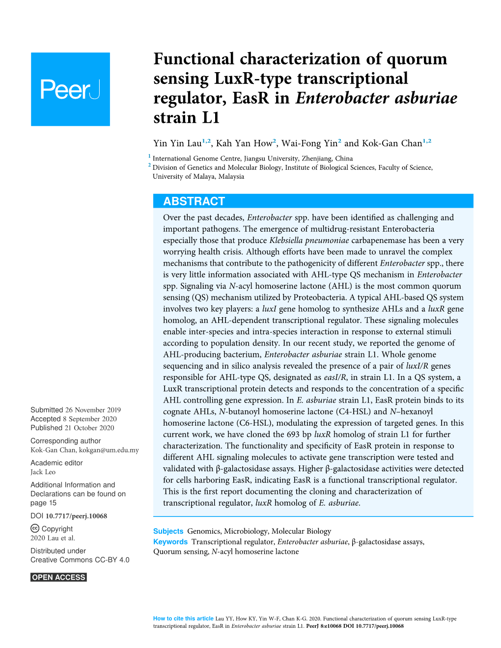Functional Characterization of Quorum Sensing Luxr-Type Transcriptional Regulator, Easr in Enterobacter Asburiae Strain L1