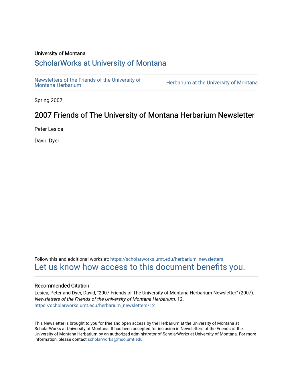 2007 Friends of the University of Montana Herbarium Newsletter