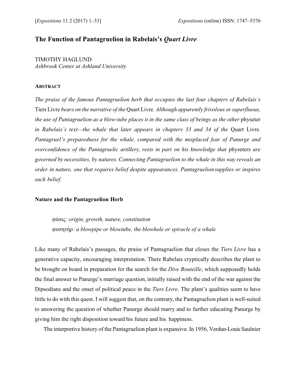 The Function of Pantagruelion in Rabelais's Quart Livre