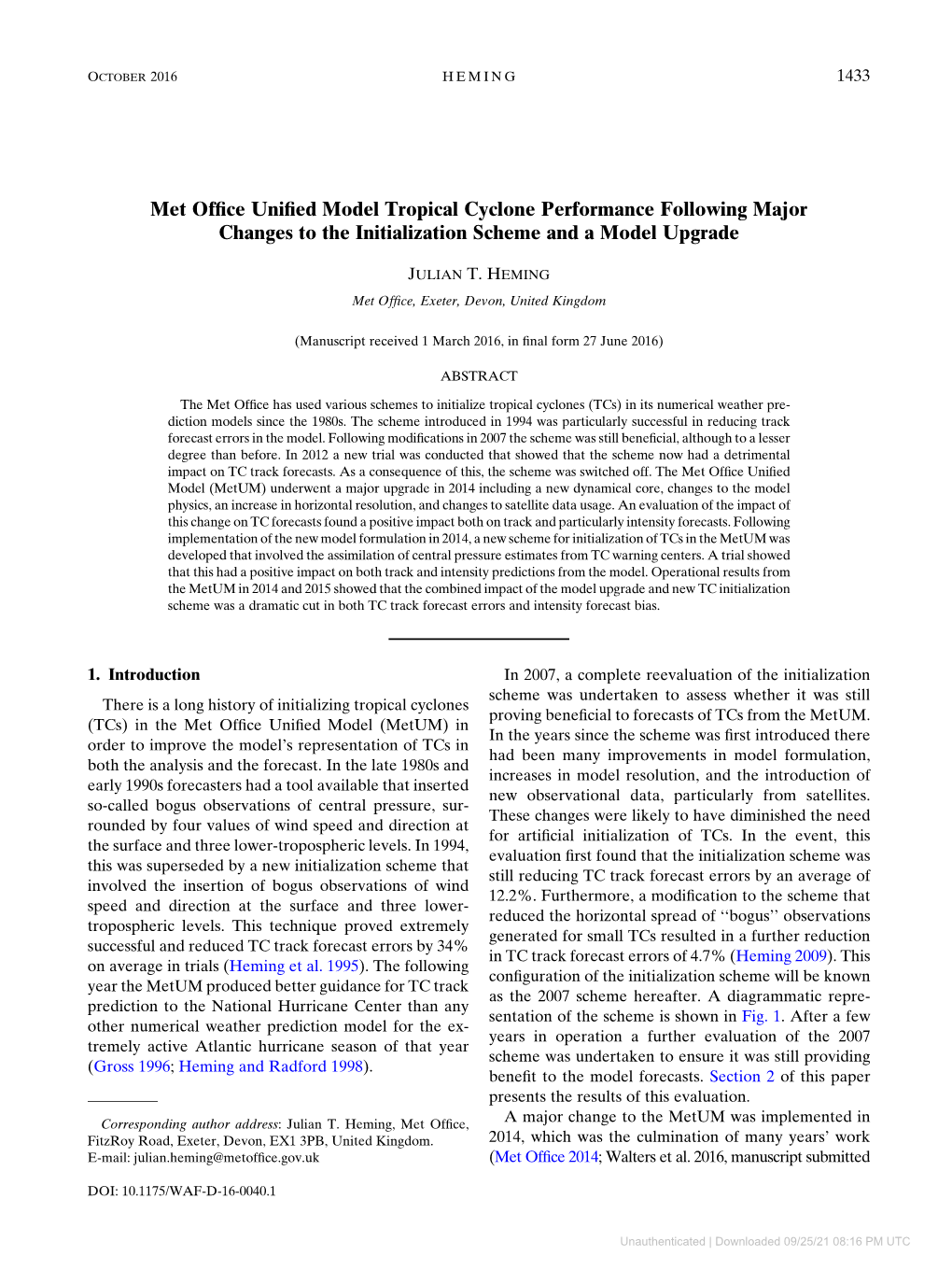 Met Office Unified Model Tropical Cyclone Performance Following Major Changes to the Initialization Scheme and a Model Upgrade