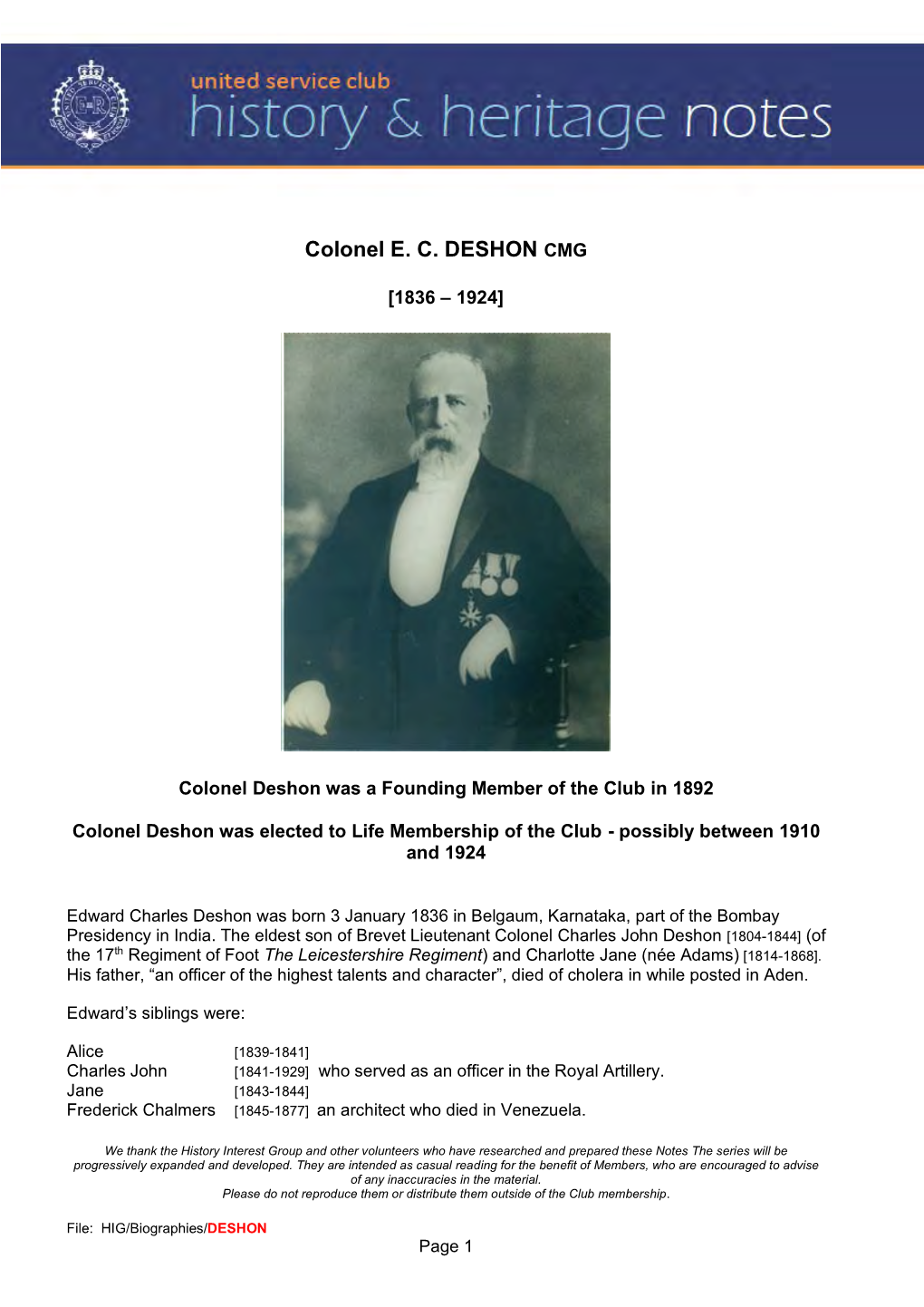 Colonel E. C. DESHON CMG