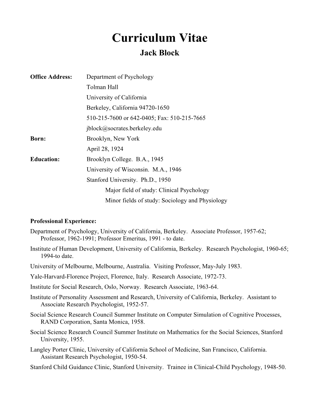 Curriculum Vitae Jack Block